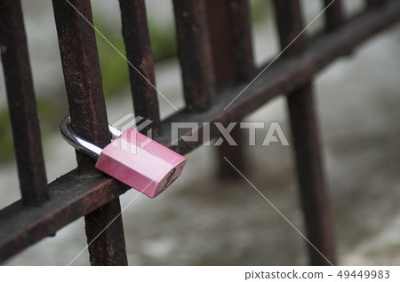 closeup of pink padlock on metallic grid closeup of pink padlock on metallic grid 49449983