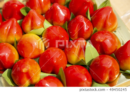 Peach shaped mung beans of Thai dessert 49450245