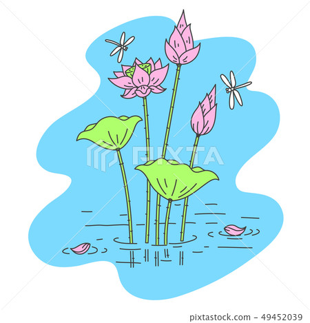 simple outline Lotus flower with dragonfly 49452039
