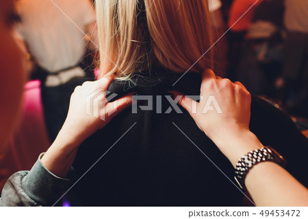 Closeup portrait of Lovely lesbian couple massage relax and happy sweetheart by touching lover. 49453472