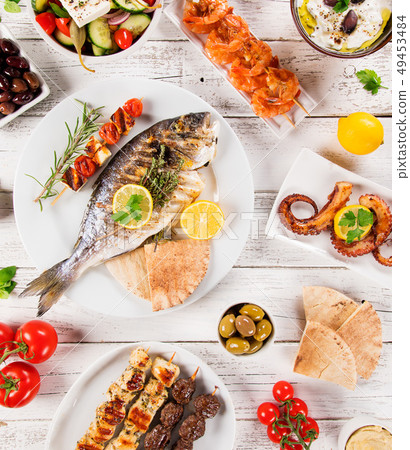 Greek food background. Traditional different greek dishes , top view. 49453484