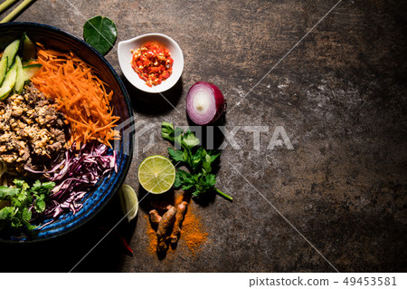 Asian food background with various ingredients on rustic stone background , top view. 49453581