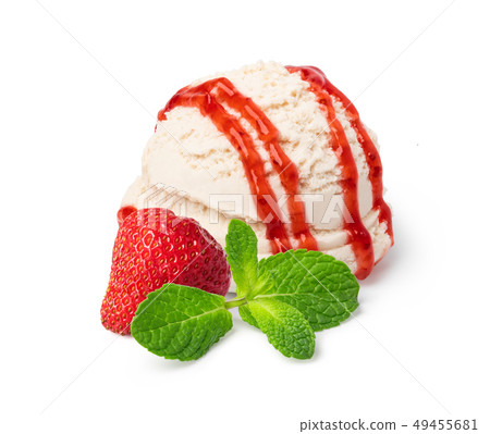 Vanilla ice cream scoop with strawberry sauce Vanilla ice cream scoop with strawberry sauce 49455681