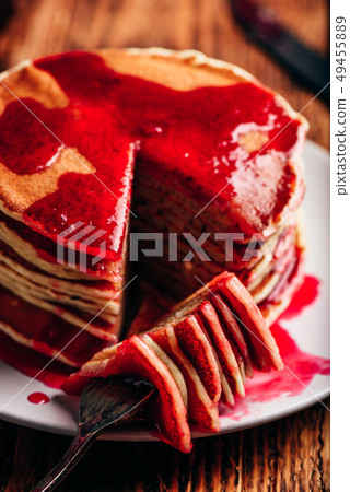 Stack of pancakes with berry jam 49455889