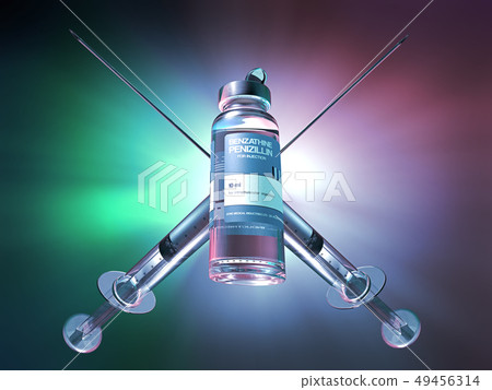 Two crossed syringes behind a penicillin vial  49456314