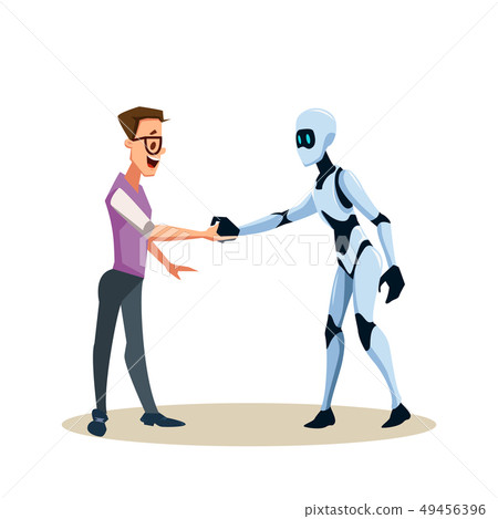 Young Smiling Man in Glasses and Robot Shake Hand Young Smiling Man in Glasses and Robot Shake Hand 49456396