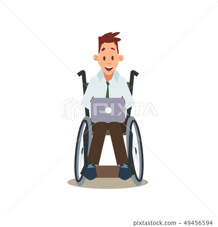 Happy Disabled Man in Wheelchair Work by Laptop 49456594