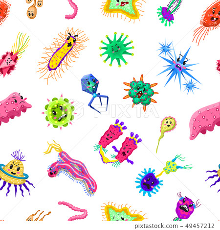 Bacteria characters Seamless pattern. Cartoon Cute germ virus funny infection. Funny bad emotions 49457212