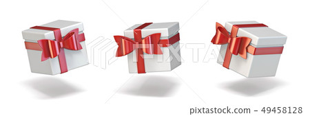 Cube white gift boxes with simple red ribbon 3D - Stock Illustration ...