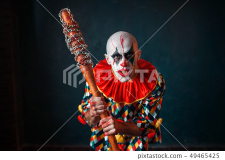 Mad bloody clown with baseball bat 49465425