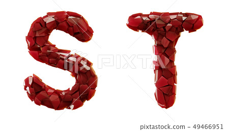 Letter set S, T made of 3d render plastic shards red color. Letter set S, T made of 3d render plastic shards red color. 49466951