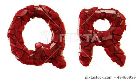 Letter set Q, R made of 3d render plastic shards red color. Letter set Q, R made of 3d render plastic shards red color. 49466959