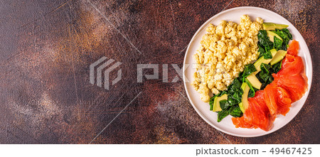 Ketogenic diet breakfast, scrambled eggs, salmon, 49467425