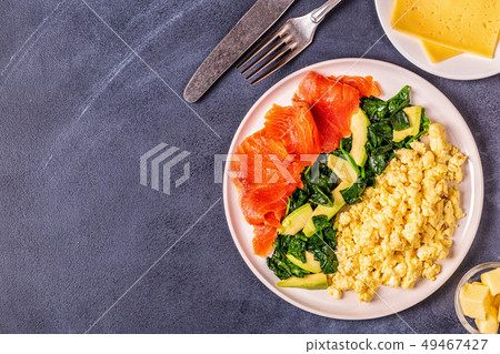 Ketogenic diet breakfast, scrambled eggs, salmon, Ketogenic diet breakfast, scrambled eggs, salmon, 49467427