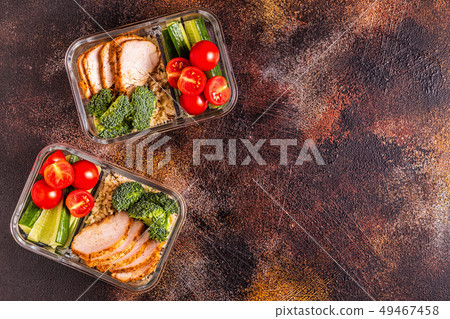 Healthy balanced lunch box with chicken, rice, 49467458
