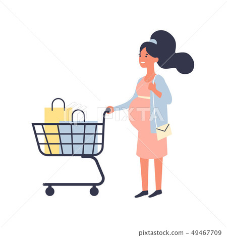 Pregnant woman with shopping cart makes purchases in the supermarket. Shopping and Pregnancy concept 49467709