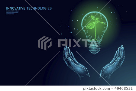 Hand holding light Bulb lamp saving energy ecology concept. Polygonal blue sprout small plant 49468531