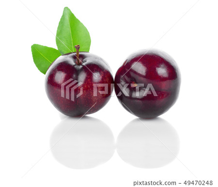 Red cherry plum with leaf isolate on white. 49470248