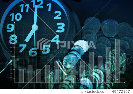 Double exposure of alarm clock and coins stacks 49472197