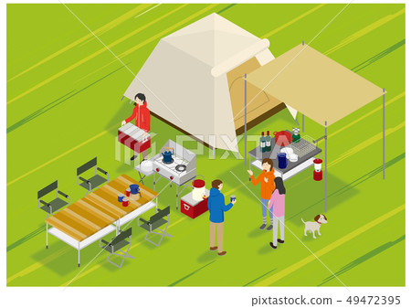 Camp bonfire barbecue tent tarp dog chicks 49472395