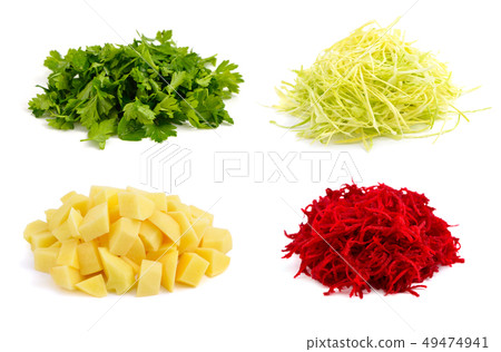The cut beet, cabbage, potatoes, parsley on white 49474941