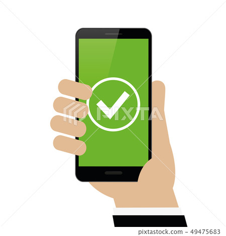 male hand is holding a black smartphone with green check symbol male hand is holding a black smartphone with green check symbol 49475683