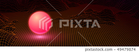 Landscape with wireframe grid of 80s styled retro computer game Landscape with wireframe grid of 80s styled retro computer game 49479874