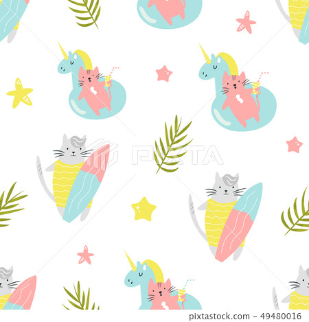 Bright seamless pattern with funny cats  49480016