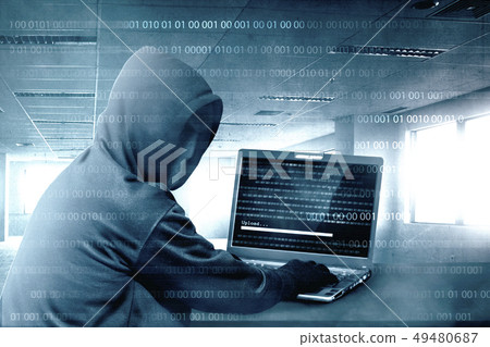 Hacker in black hoodie using laptop on the desk Hacker in black hoodie using laptop on the desk 49480687