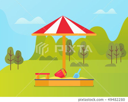 Bucket and Shovel in Sandbox, Green Nature Vector 49482280