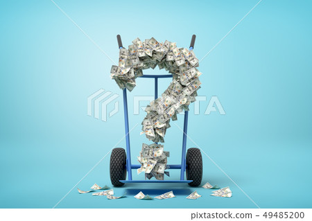 3d rendering of hand truck standing in half-turn with question mark made up of dollar banknotes on 3d rendering of hand truck standing in half-turn with question mark made up of dollar banknotes on 49485200