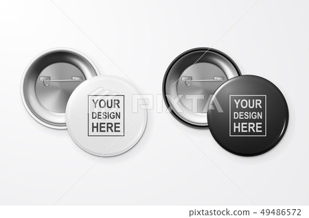 Vector 3d Realistic Black and White Blank Button Badge Closeup Isolated on White Background. Design 49486572
