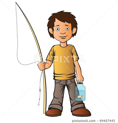 The boy caught a fish with a fishing rod. 49487445