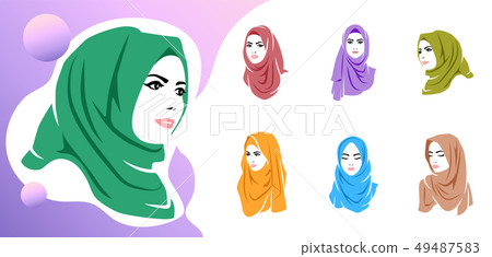 Set of beautiful woman wearing colorful hijab icon, hijab logo isolated 49487583