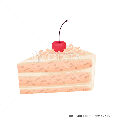 Cake with custard and cherry on white background. 49487649