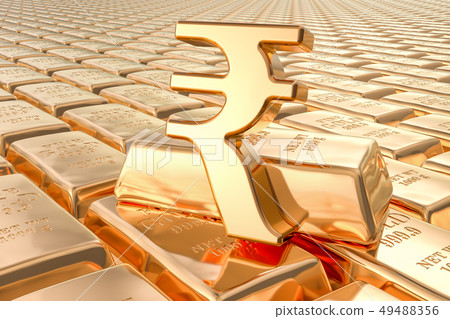 Background from gold ingots with rupee symbol 49488356