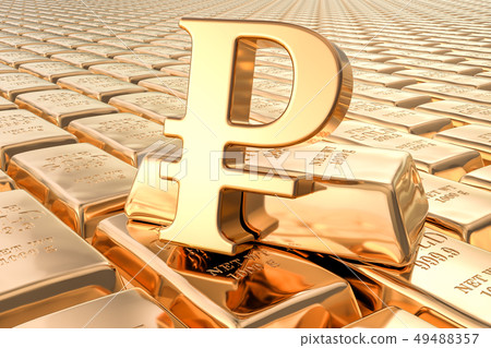 Background from gold ingots with ruble symbol 49488357