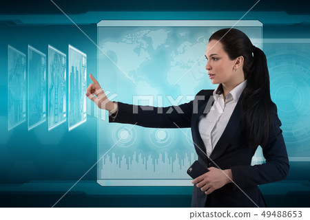 Beautiful business lady works with virtual graphic interface. Futuristic office Beautiful business lady works with virtual graphic interface. Futuristic office 49488653