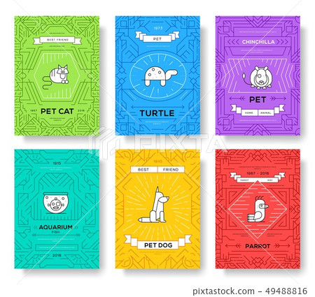 Cute home pets thin line brochure cards set. Cute home pets thin line brochure cards set. 49488816