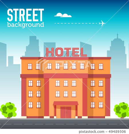 Hotel building in city space with road. 49489306