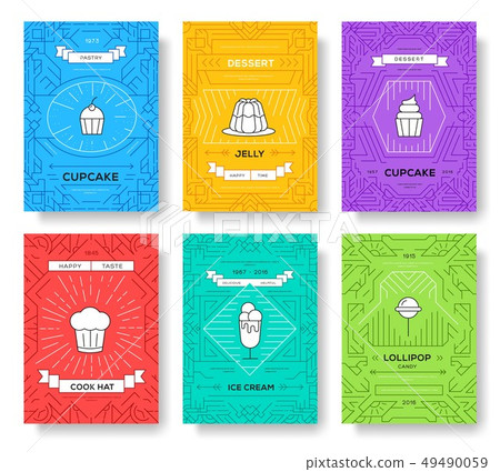 Cake thin line brochure cards set. 49490059