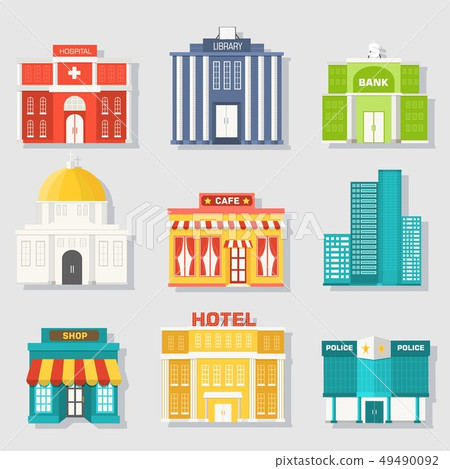 Flat colorful vector sity buildings set.  49490092