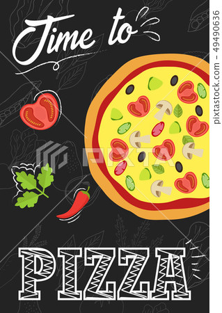 Time to eat pizza. Chalkboard poster. Vectro Time to eat pizza. Chalkboard poster. Vectro 49490636