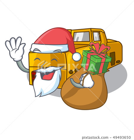Santa with gift locomotive mine cartoon toy above table Santa with gift locomotive mine cartoon toy above table 49493650
