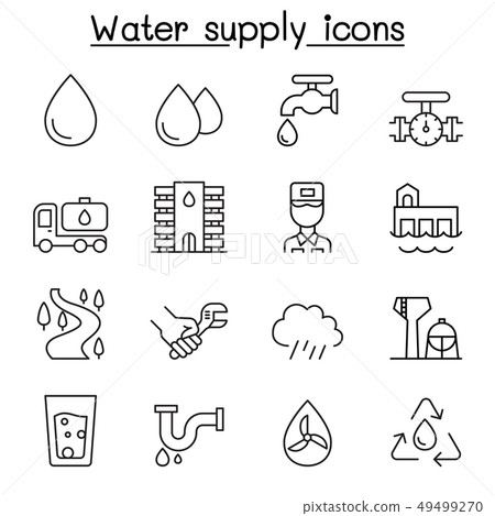 Water supply system icon set in thin line style 49499270