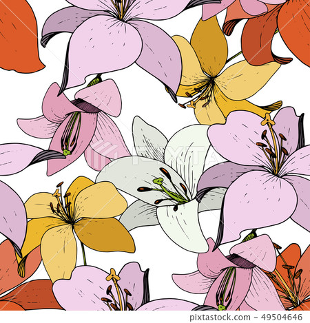 Vector Lily Floral botanical flower. Black and white engraved ink art. Seamless background pattern. Vector Lily Floral botanical flower. Black and white engraved ink art. Seamless background pattern. 49504646