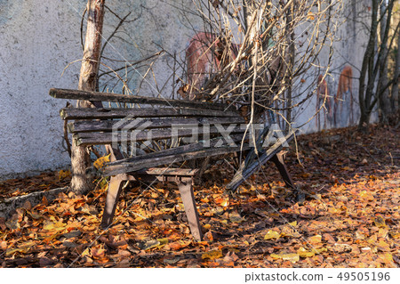 Old destroyed bench next to path 49505196