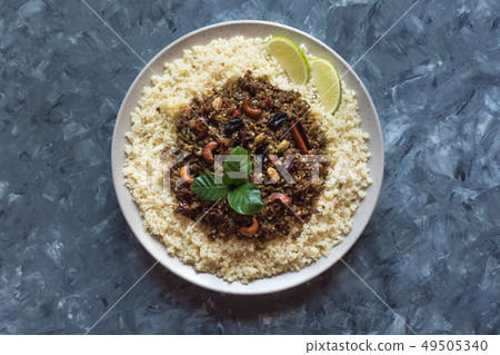 Moroccan spiced mince with couscous. Top view.  49505340