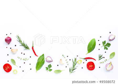 Various fresh vegetables and herbs on white Various fresh vegetables and herbs on white 49508072