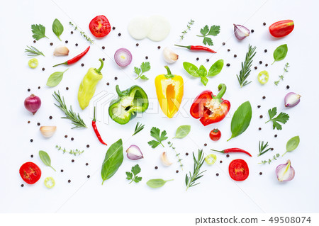 Various fresh vegetables and herbs on white Various fresh vegetables and herbs on white 49508074